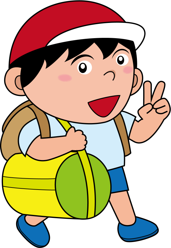 野外宿泊活動No01リュックを背負い大きな鞄を肩にかけた赤白帽をかぶった男の子イラスト