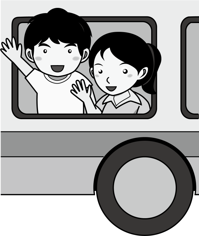 野外宿泊活動No12バスに乗って手を振る男の子と女の子イラスト