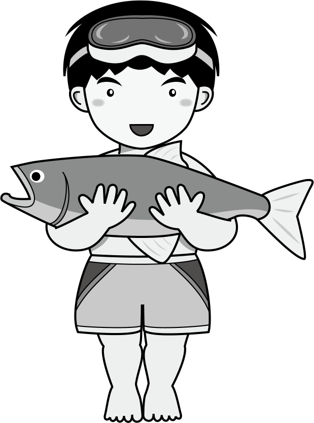 野外宿泊活動No20水中眼鏡を付けて大きな魚を両手に抱えた男の子イラスト