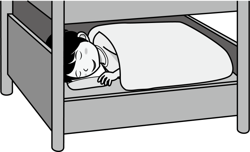 野外宿泊活動No30ロッジの二段ベットで就寝する男の子イラスト