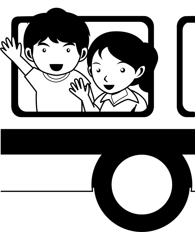 野外宿泊活動No12バスに乗って手を振る男の子と女の子イラスト