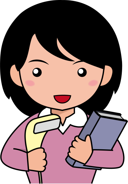 委員会No23バーコードリーダーで読み取って本の貸し出しをする図書委員の女の子イラスト