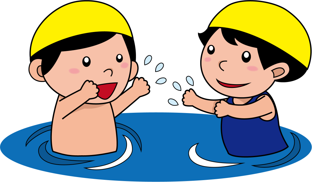 体育No29プールの中で水をかけ合う男の子と女の子イラスト