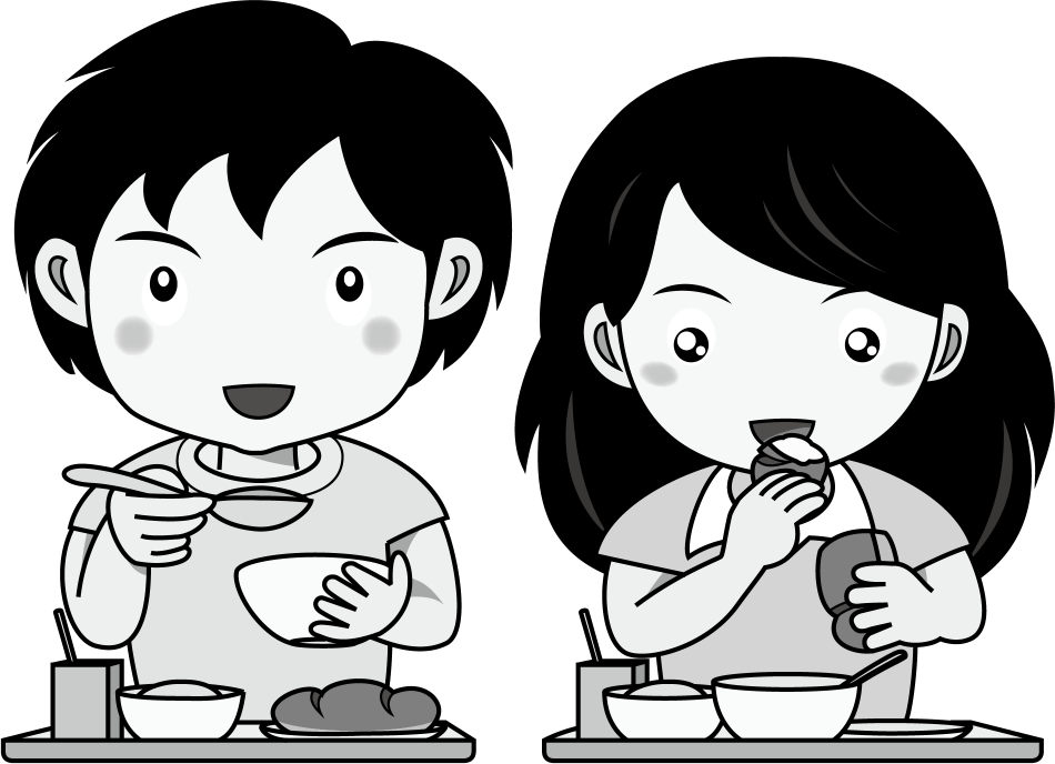 給食No08並んで給食を食べている男の子と女の子イラスト