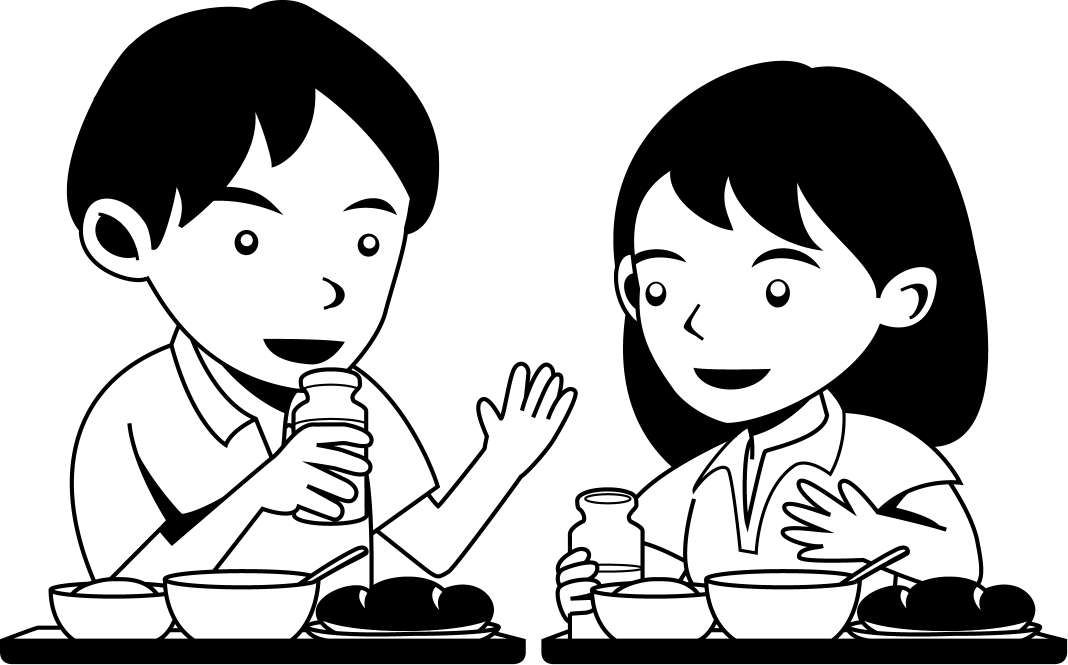 給食No09話をしながら食事をする男の子と女の子イラスト