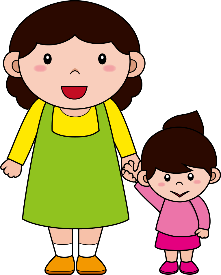 イラストポップの幼児教育素材 保育士no23女の子と手をつなぐ緑色のエプロンの女性の無料イラスト