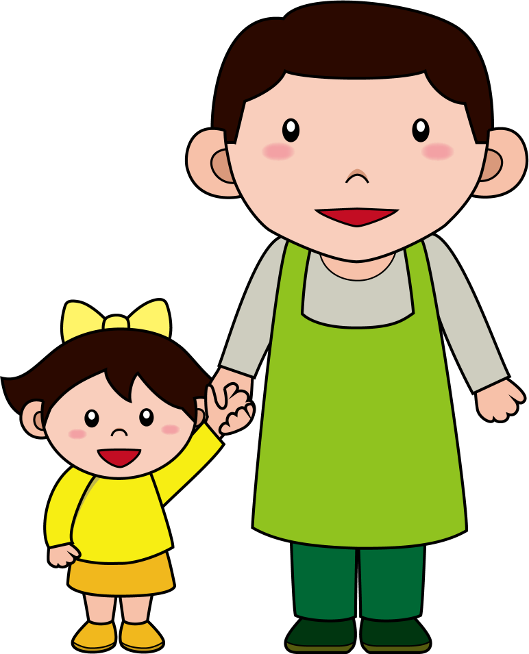 イラストポップの幼児教育素材 保育士no24男の子と手をつなぐ緑色のエプロンの女性の無料イラスト