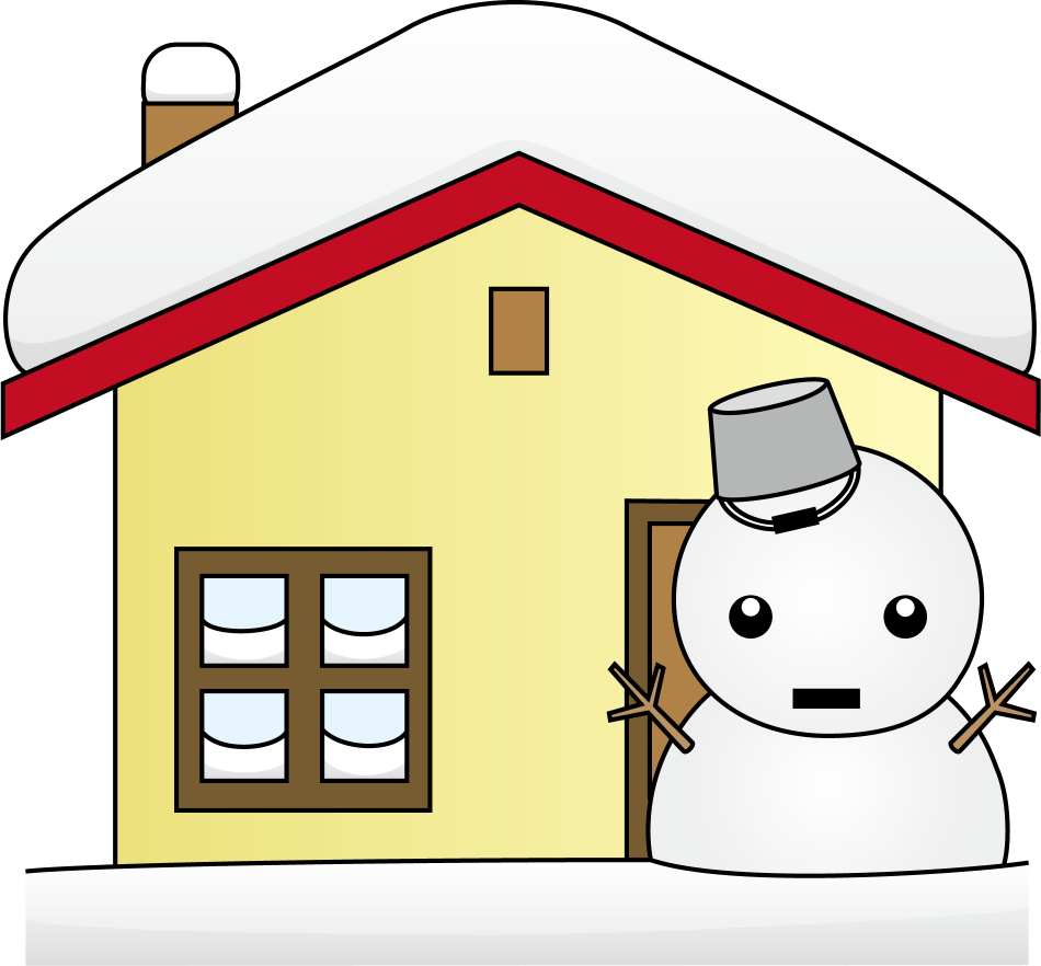 イラストポップの幼児教育素材 ２月no26大雪が積もった家と家の前の雪だるまの無料イラスト
