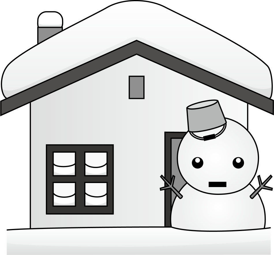 イラストポップの幼児教育素材 ２月no26大雪が積もった家と家の前の雪だるまの無料イラスト