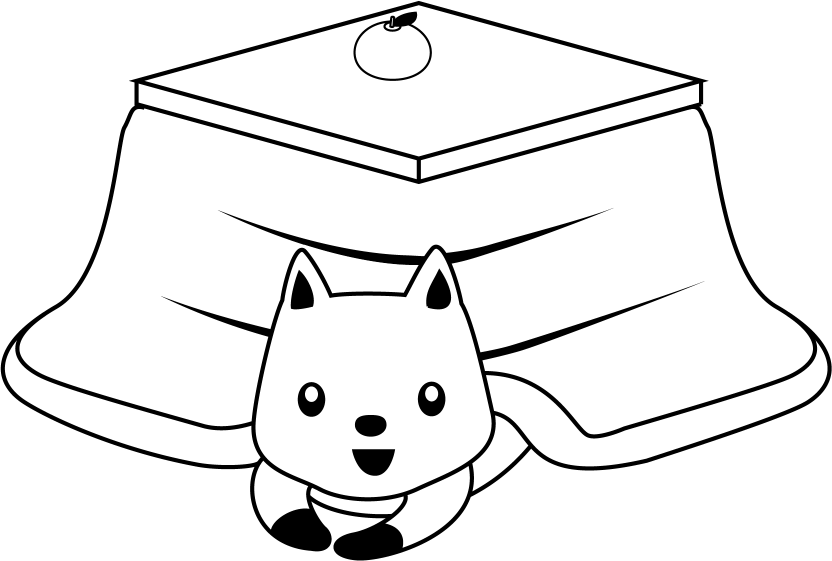 イラストポップの幼児教育素材 ２月no28コタツに入る猫とコタツの上のミカンの無料イラスト