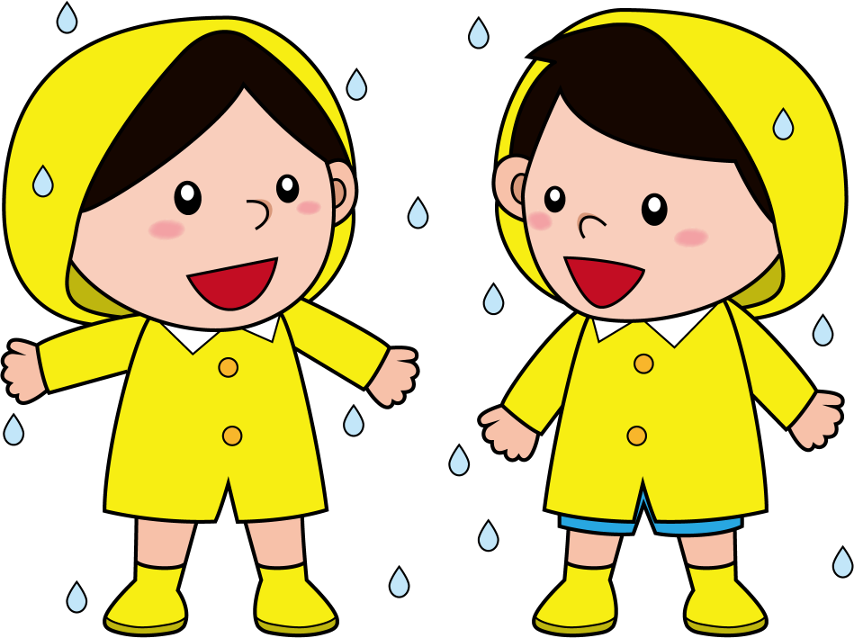 イラストポップの幼児教育素材 ６月no21雨の中レインコートで立つ