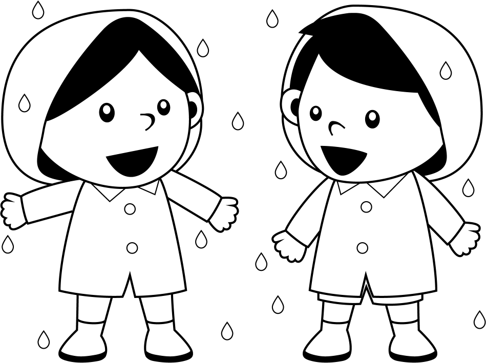 ６月No21雨の中レインコートで立つ男の子女の子イラスト