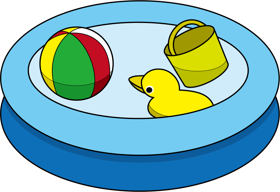 イラストポップの幼児教育素材 ７月no21ビニールプールに浮かぶビーチボールとおもちゃの無料イラスト