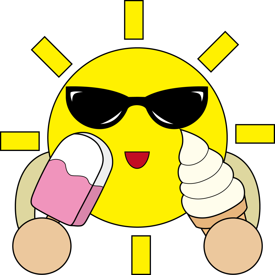 イラストポップの幼児教育素材 ７月no27アイスクリームを持つサングラスをかけた太陽の無料イラスト