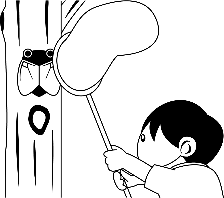 ８月No10木にとまったセミを捕まえる男の子イラスト