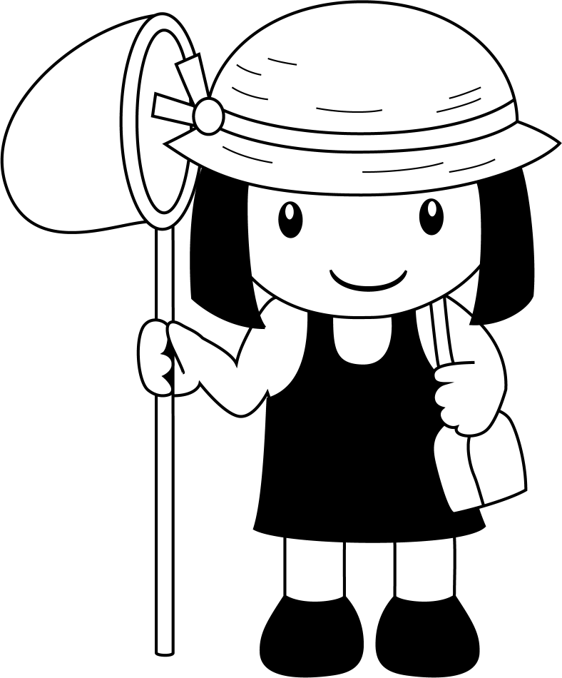 イラストポップの幼児教育素材 ８月no11補虫網と虫籠を持った麦わら帽子の女の子の無料イラスト
