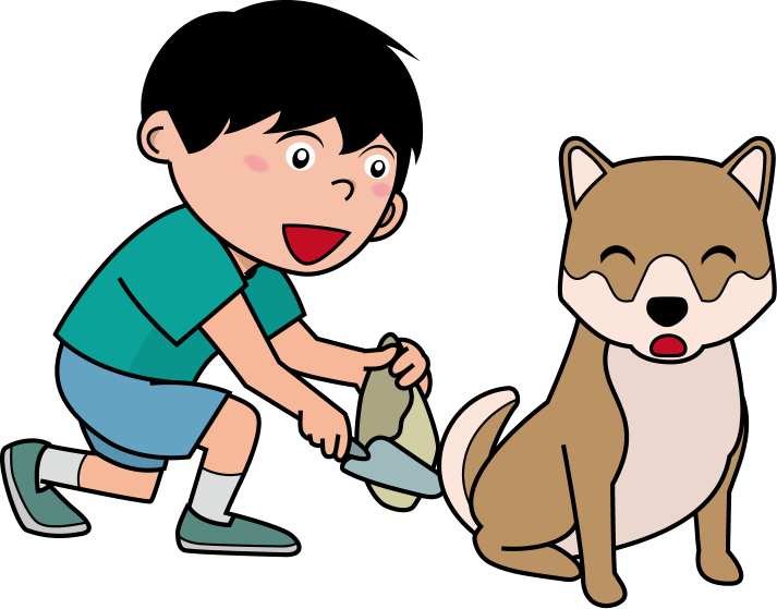ペットマナーNo06飼い犬の糞を処理して持ち帰る男の子イラスト