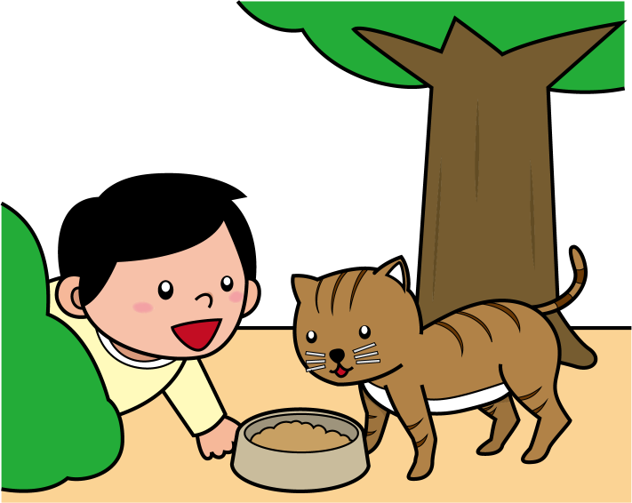 イラストポップのマナーやルールの素材 ペットマナーno09公園で野良猫に餌をやる男の子のイラスト