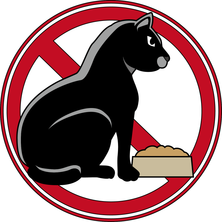 イラストポップのマナーやルールの素材 ペットマナーno11禁止マークと猫と餌のイラスト