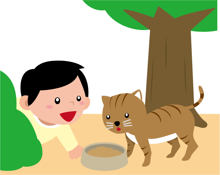 ペットマナーNo09公園で野良猫に餌をやる男の子イラスト