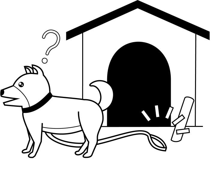 イラストポップのマナーやルールの素材 ペットマナーno03犬小屋の前のつなぎ忘れられた犬のイラスト