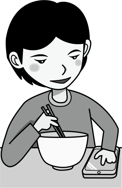 イラストポップのマナーやルールの素材 スマホno08食事をしながらスマホをいじる男性のイラスト