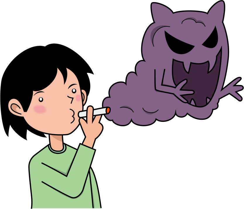 イラストポップのマナーやルールの素材 喫煙no08男性の吸うタバコから上る怪物の形の紫煙のイラスト
