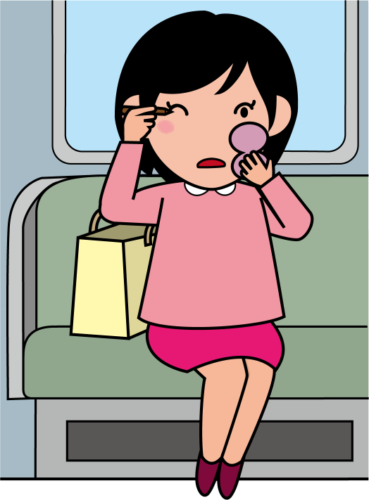 電車マナーNo04車内で化粧をする女の人イラスト