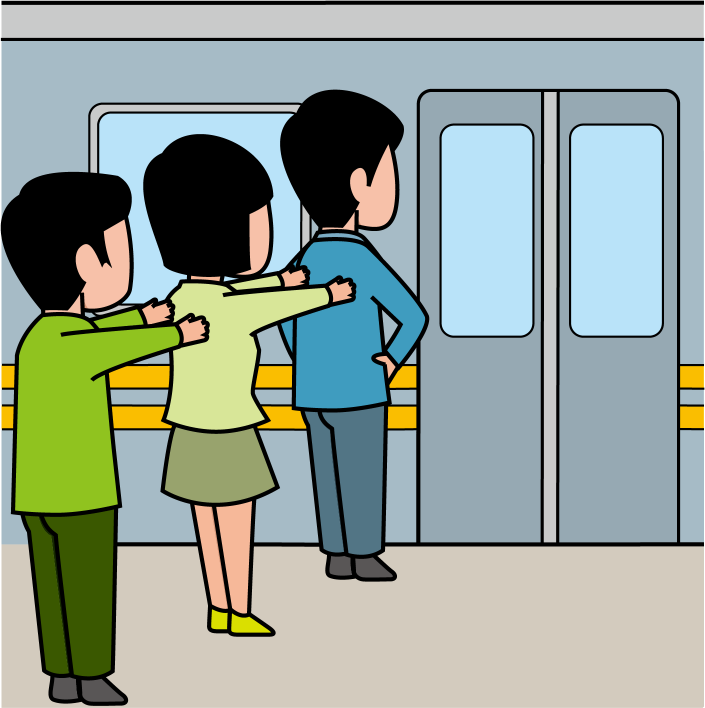 イラストポップのマナーやルールの素材 電車マナーno09前へならえで整列乗車する乗客のイラスト