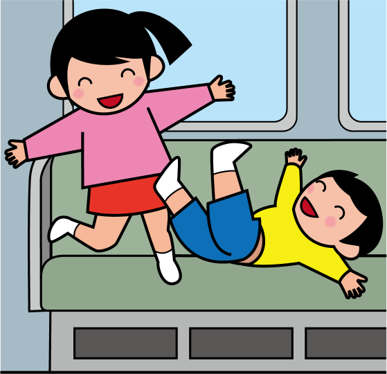 イラストポップのマナーやルールの素材 電車マナーno10座席シートの上で暴れる女の子と男の子のイラスト