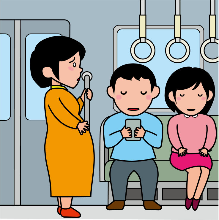 イラストポップのマナーやルールの素材 電車マナーno16若者が優先座席に座っているので立っている妊婦さんのイラスト