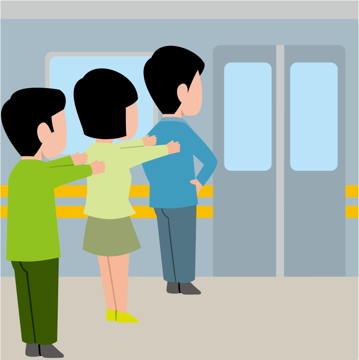 イラストポップのマナーやルールの素材 電車マナーno09前へならえで整列乗車する乗客のイラスト