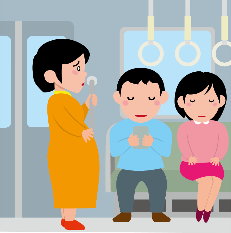 電車マナーNo16若者が優先座席に座っているので立っている妊婦さんイラスト