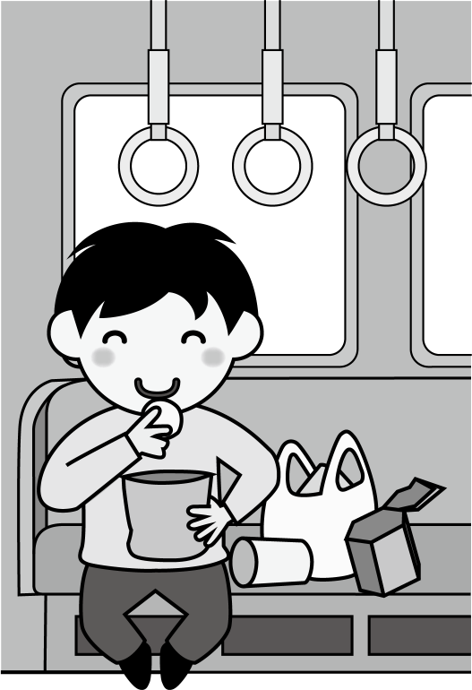 電車マナーNo08座席でいろいろなお菓子を食べる男の子イラスト