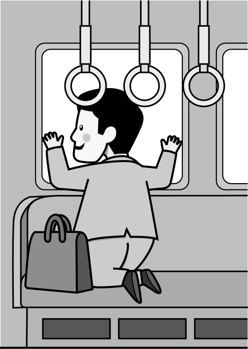 電車マナーNo11座席に上って窓を見る会社員イラスト