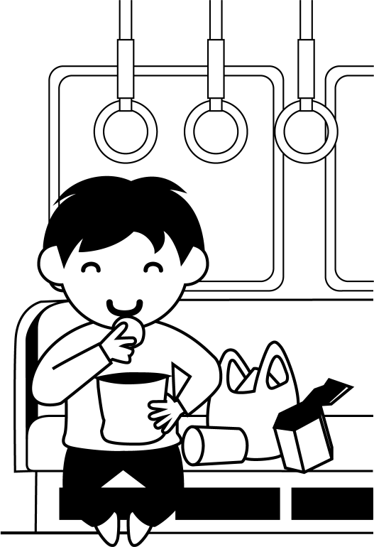 電車マナーNo08座席でいろいろなお菓子を食べる男の子イラスト