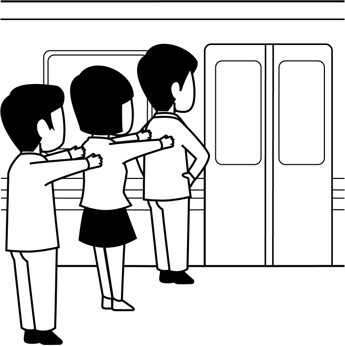 電車マナーNo09前へならえで整列乗車する乗客イラスト