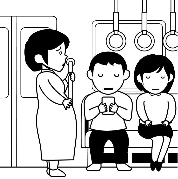電車マナーNo16若者が優先座席に座っているので立っている妊婦さんイラスト