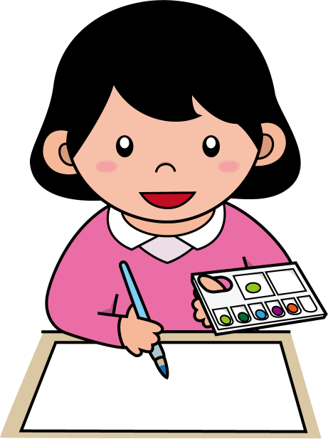 イラストポップ 学校のイラスト 図工no02画用紙に絵の具で色を塗ろうとする女の子の無料素材