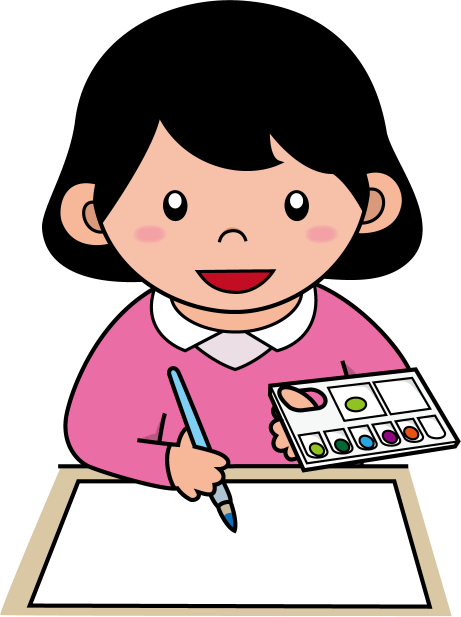 図工No02画用紙に絵の具で色を塗ろうとする女の子イラスト