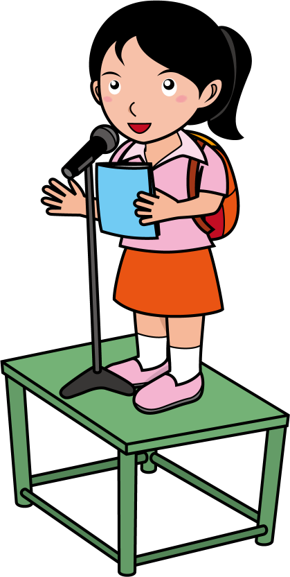 イラストポップ 学校のイラスト 野外宿泊活動no10朝礼台の上に立ってマイクで話をする女の子の無料素材