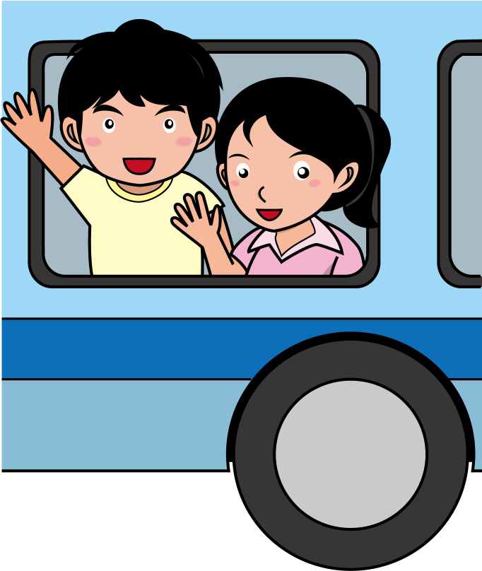 イラストポップ 学校のイラスト 野外宿泊活動no12バスに乗って手を振る男の子と女の子の無料素材