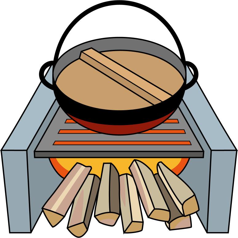 イラストポップ 学校のイラスト 野外宿泊活動no13野外炊飯で薪を燃やしているかまどと大きな鍋の無料素材