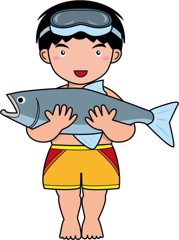 イラストポップ 学校のイラスト 野外宿泊活動no水中眼鏡を付けて大きな魚を両手に抱えた男の子の無料素材