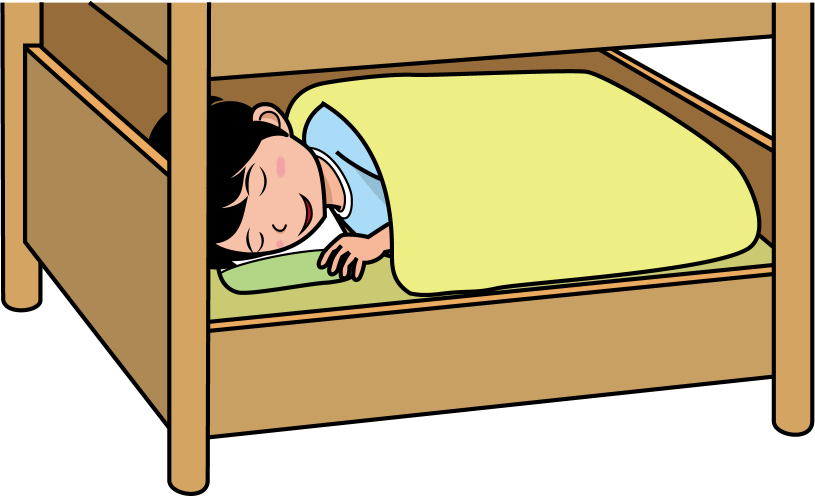 イラストポップ 学校のイラスト 野外宿泊活動no30ロッジの二段ベットで就寝する男の子の無料素材