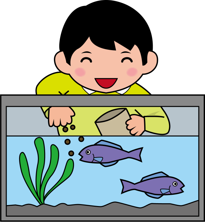 委員会No26水槽の中で泳いでいる魚に餌をあげる男の子イラスト