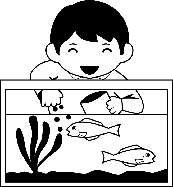 委員会No26水槽の中で泳いでいる魚に餌をあげる男の子イラスト