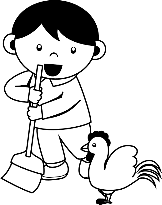 委員会No28鶏小屋の掃除をする男の子イラスト