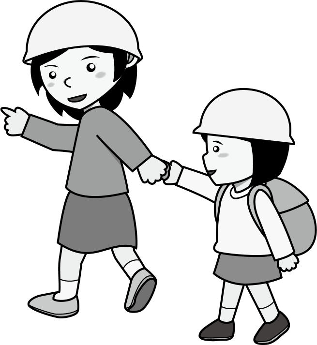 防災教育No23小さな子ども手をつないで避難する女の子イラスト