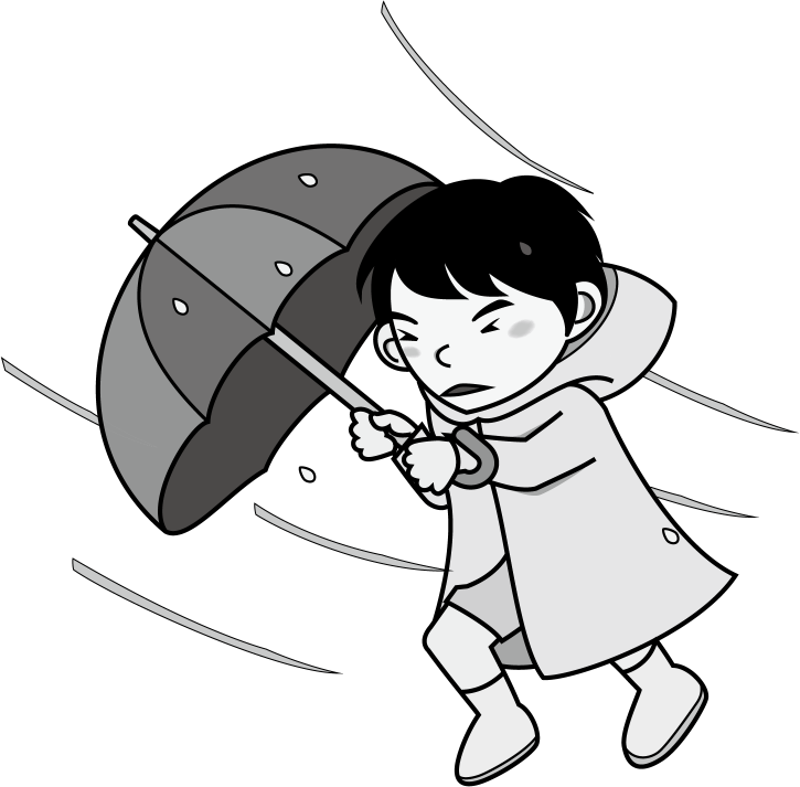 防災教育No29暴風雨の中を歩く男の子イラスト
